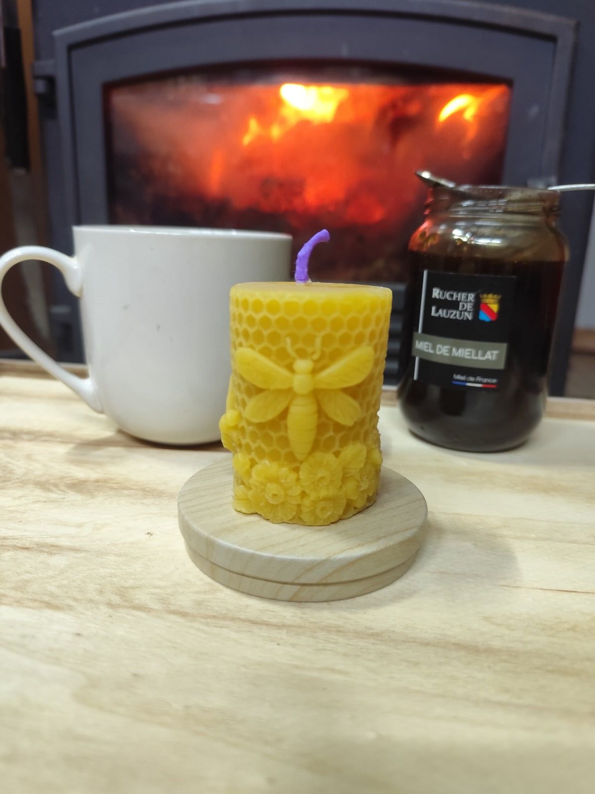 Bougie rond fleuri en cire d'abeille